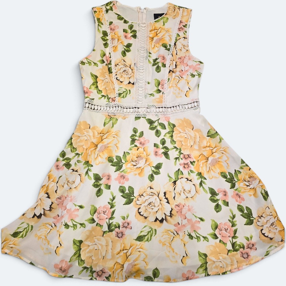 Disney Princess Yellow Floral Crochet Trim Fit Flare Dress Womens Small